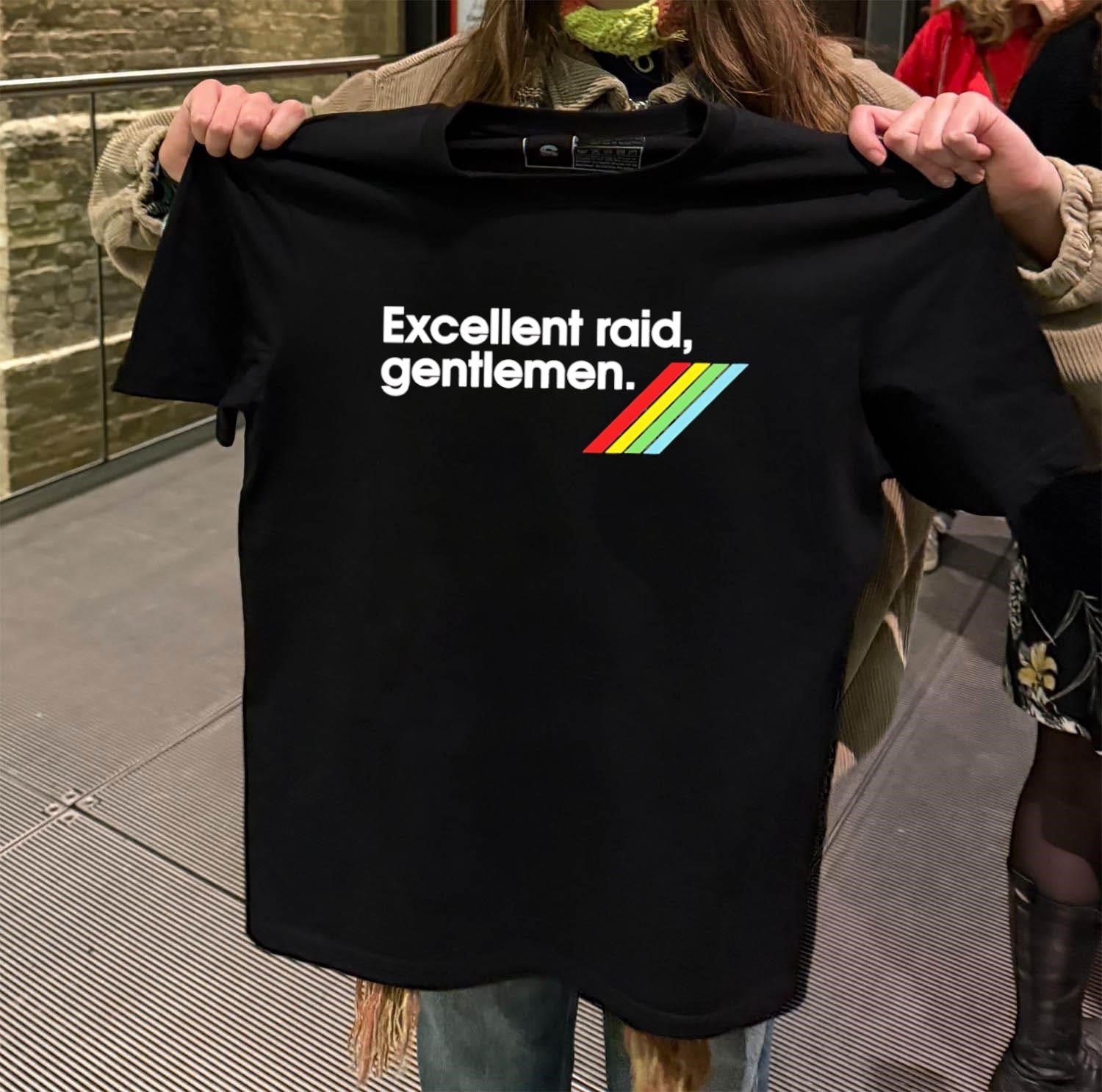 Excellent Raid Gentlemen Text with Retro Rainbow Stripes shirt