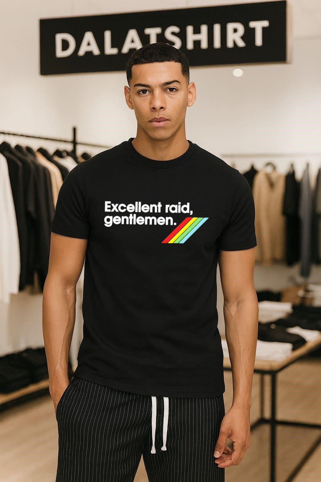 Excellent Raid Gentlemen Text with Retro Rainbow Stripes shirt
