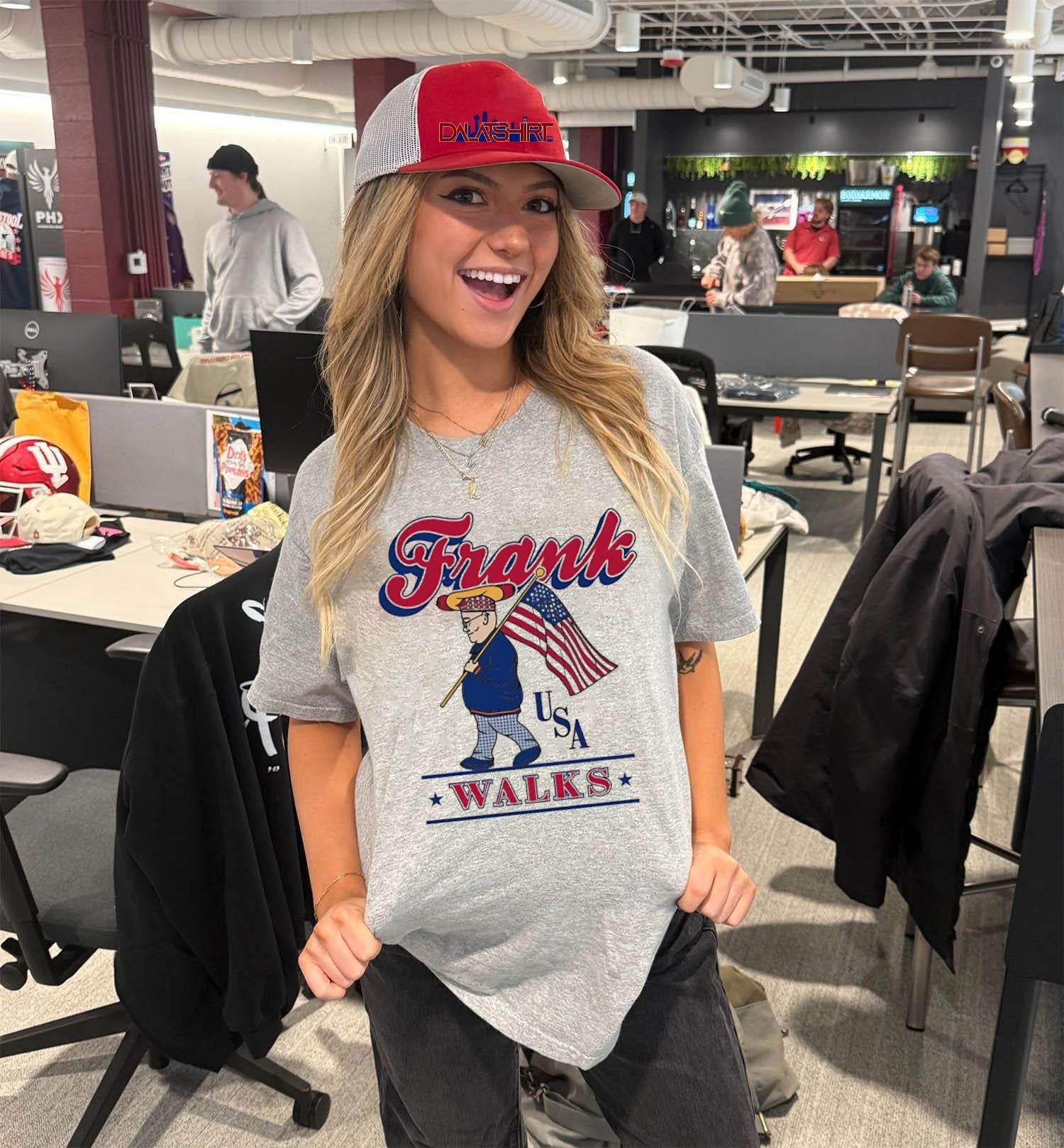Frank USA Walks Hot Dog Character With American Flag shirt
