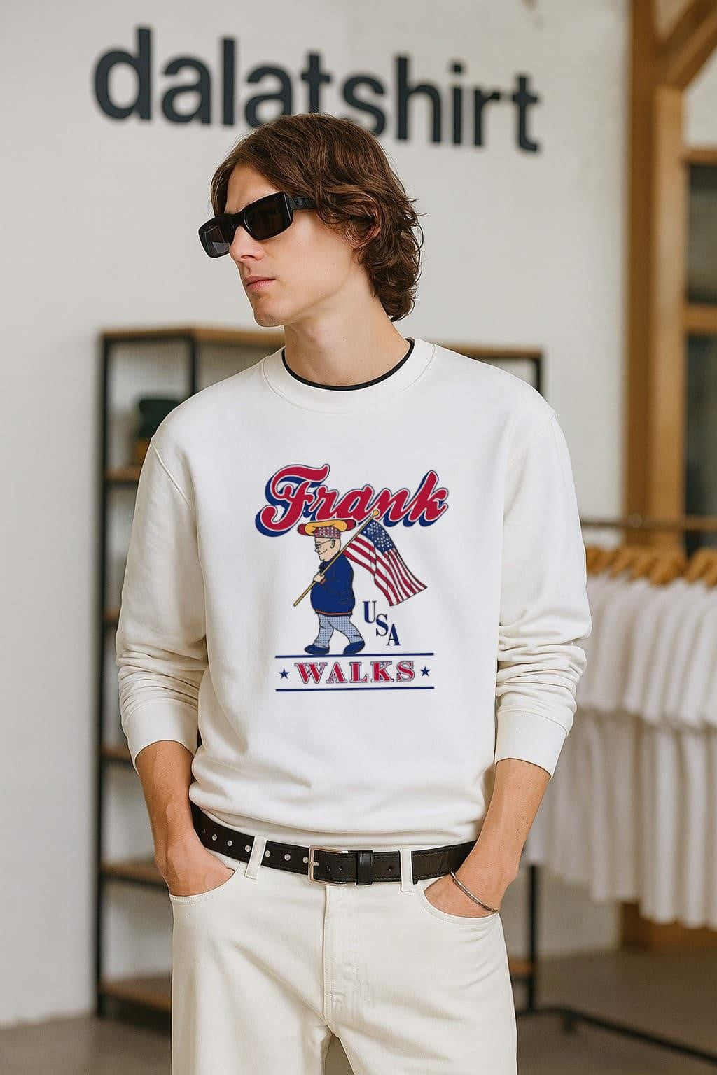 Frank USA Walks Hot Dog Character With American Flag shirt