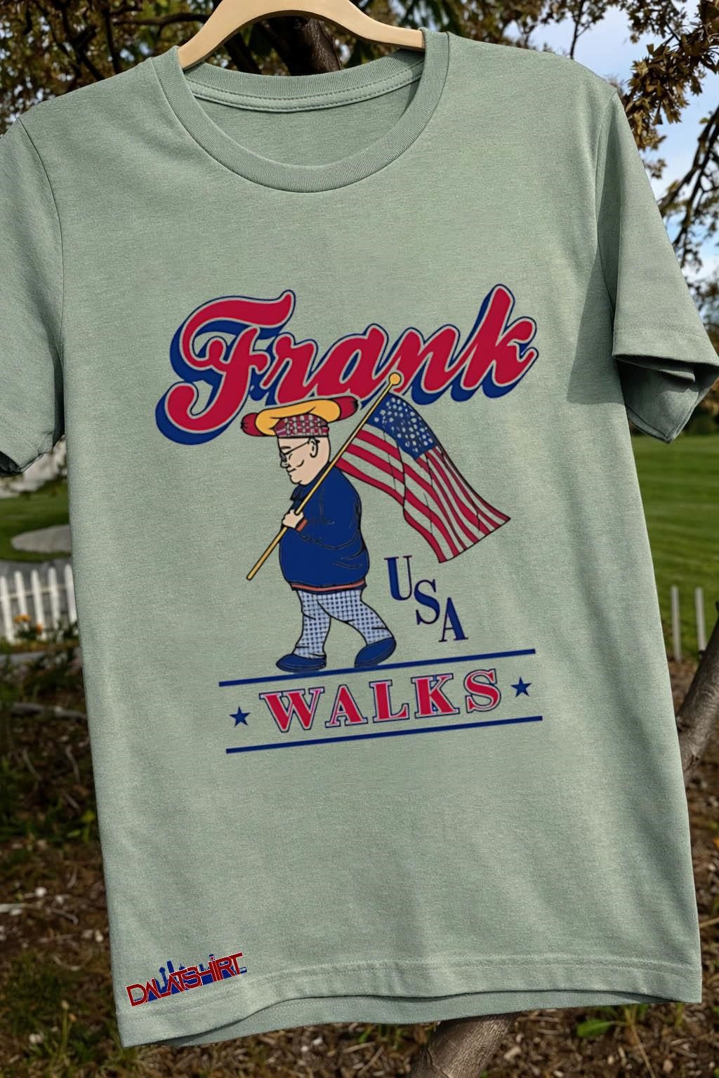 Frank USA Walks Hot Dog Character With American Flag shirt
