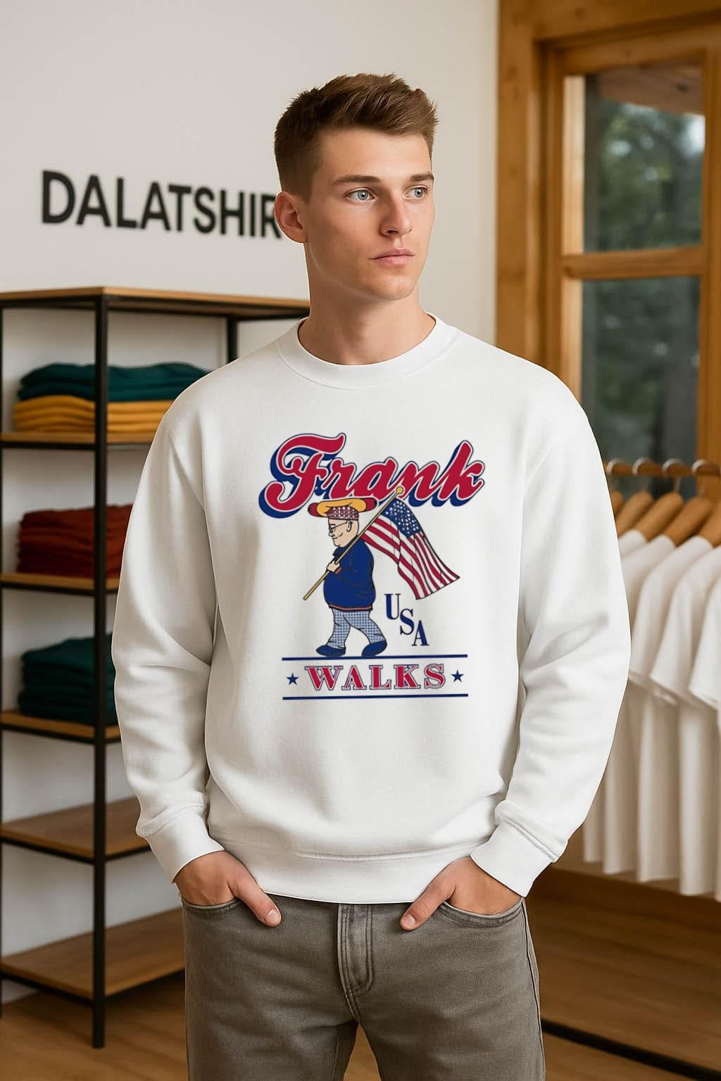 Frank USA Walks Hot Dog Character With American Flag shirt