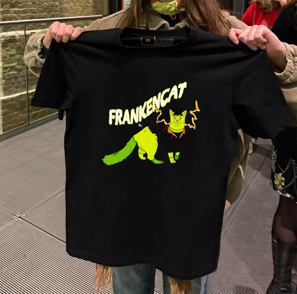 Frankencat Green Monster Halloween Cat Lightning Bolt Graphic shirt