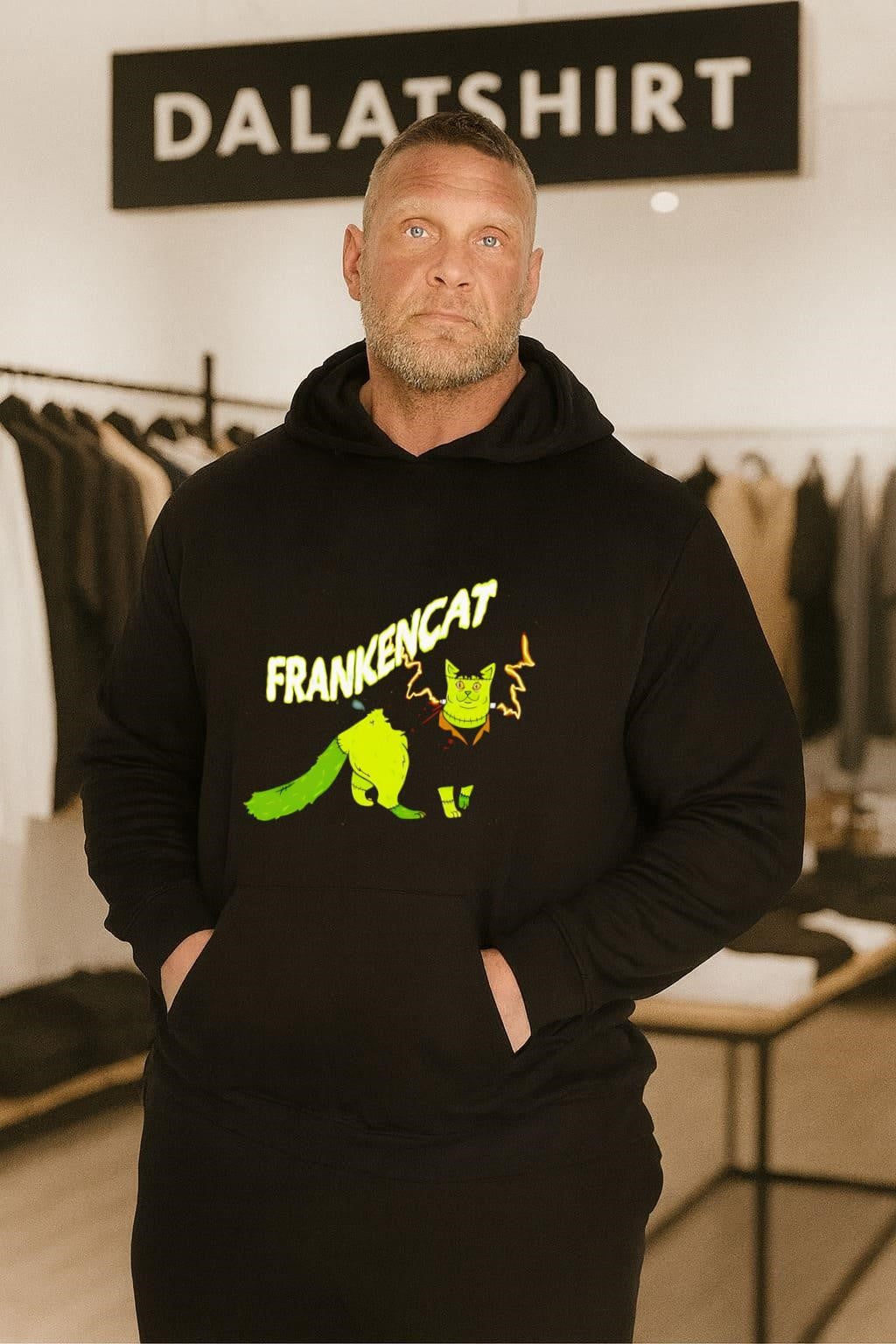 Frankencat Green Monster Halloween Cat Lightning Bolt Graphic shirt