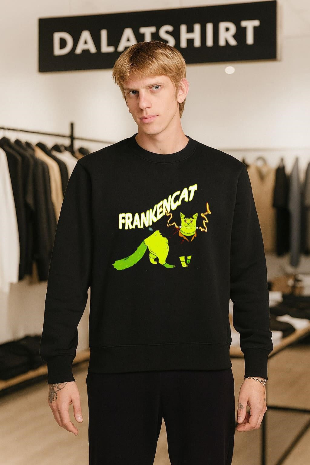 Frankencat Green Monster Halloween Cat Lightning Bolt Graphic shirt