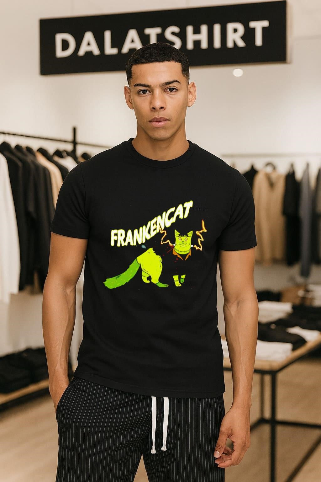 Frankencat Green Monster Halloween Cat Lightning Bolt Graphic shirt
