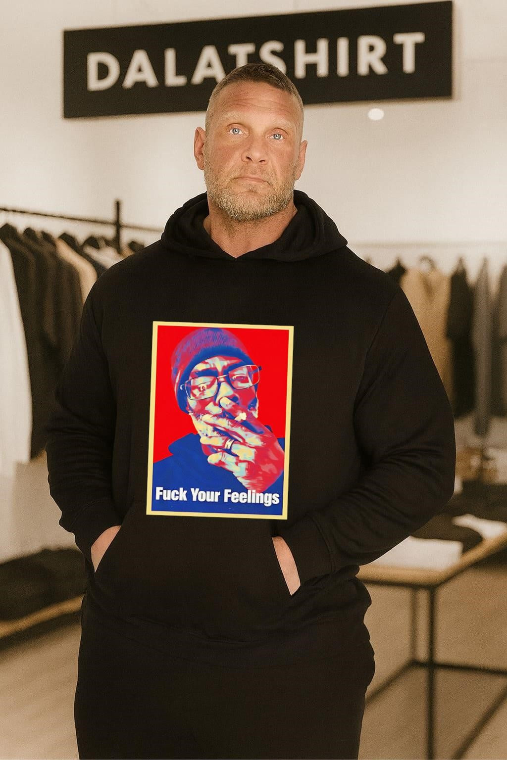 Fuck Your Feelings Black Man Smoking Beanie Glasses Graphic shirt