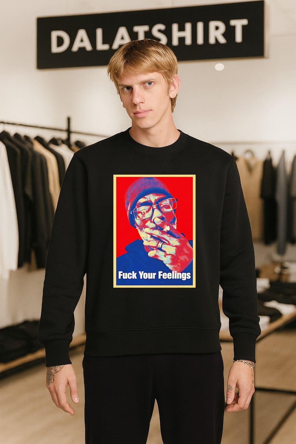 Fuck Your Feelings Black Man Smoking Beanie Glasses Graphic shirt