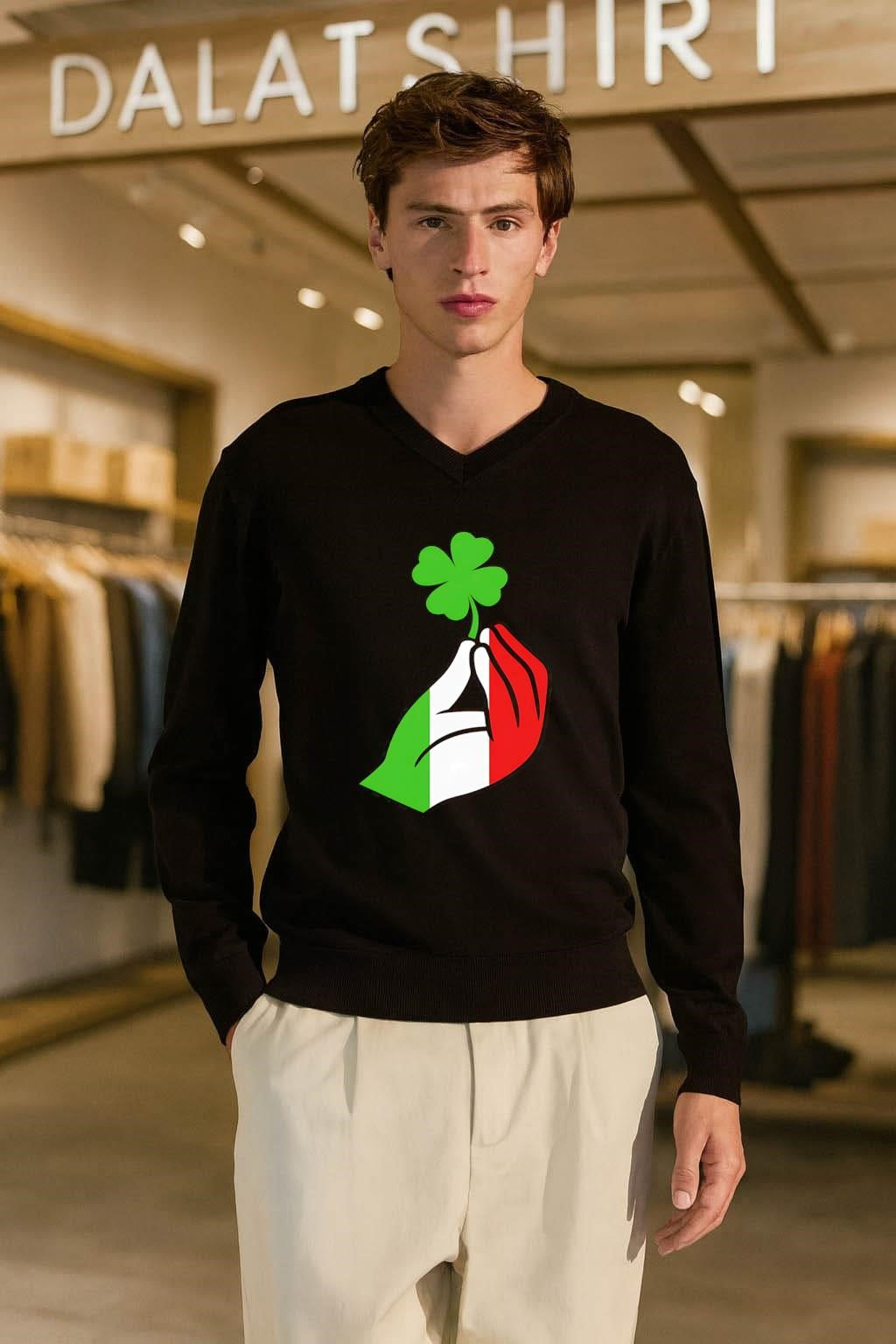 Italian Hand Gesture Holding Green Four Leaf Clover shamrock shirt