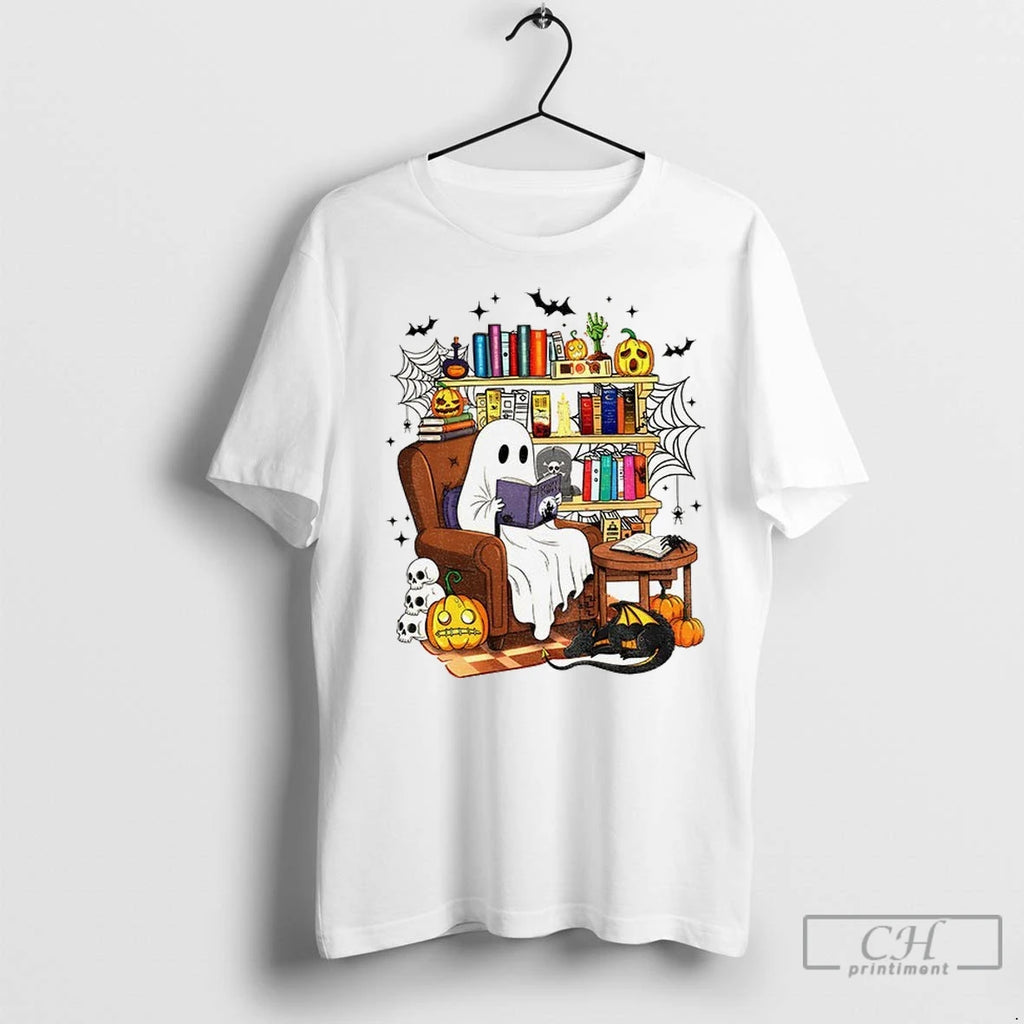 Ghost Reading Book Spooky Season Halloween T Shirts