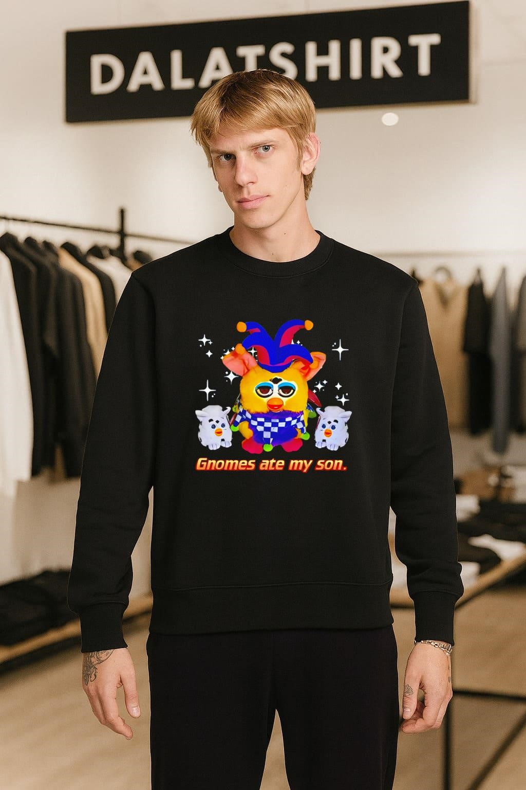 Gnomes Ate My Son Jester Furby and Two Babies shirt