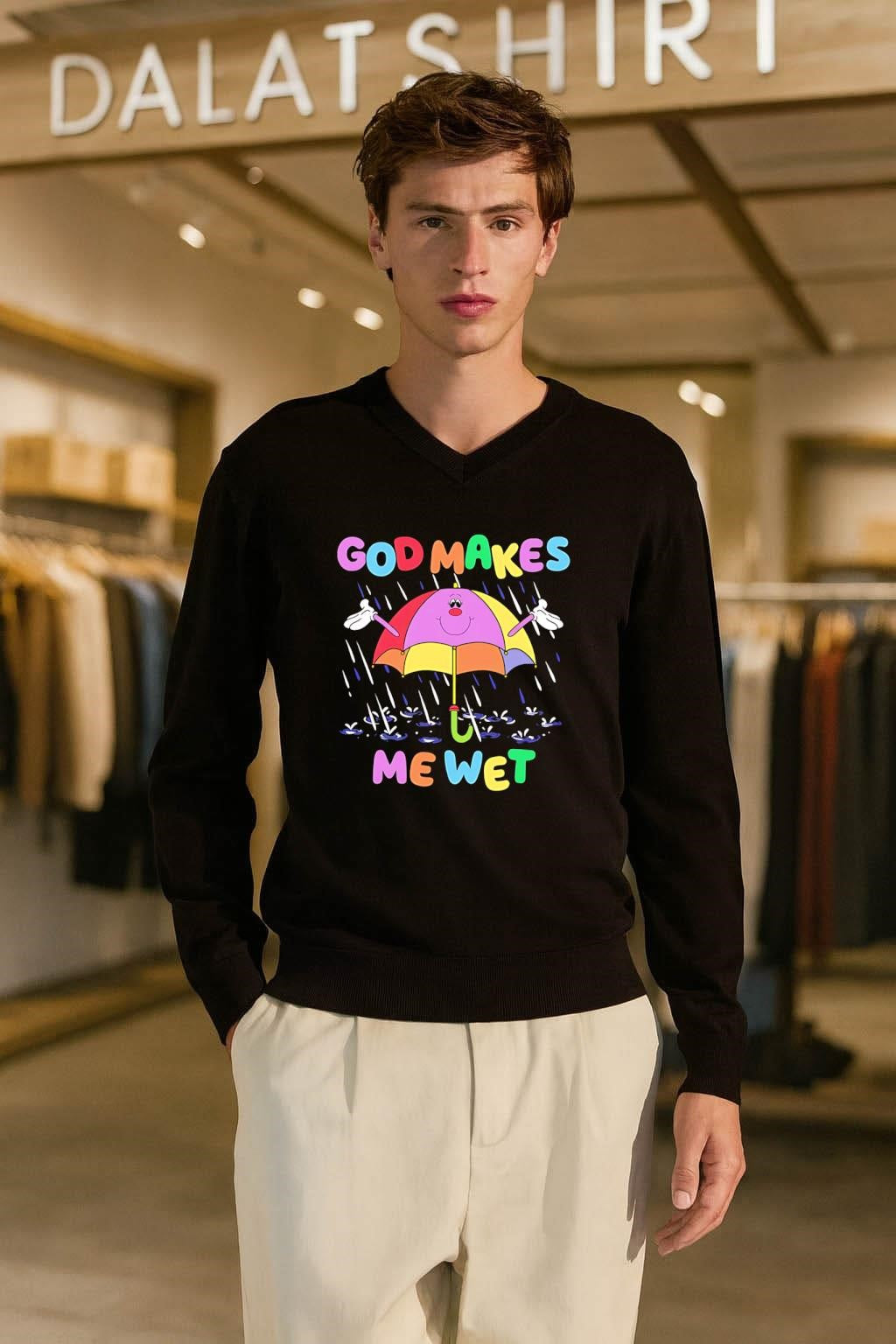 God Makes Me Wet Smiling Umbrella Character Rain Drops shirt