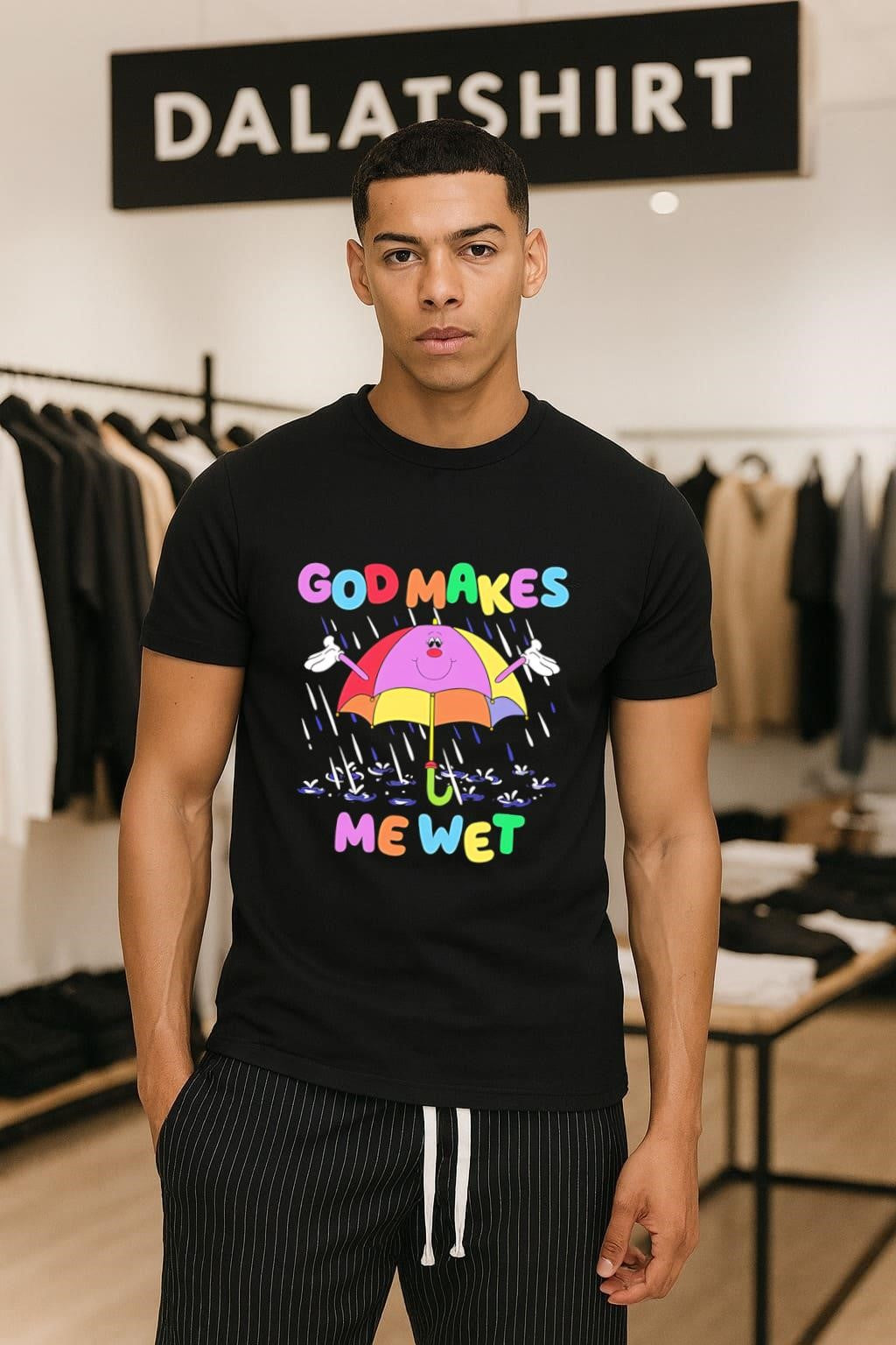 God Makes Me Wet Smiling Umbrella Character Rain Drops shirt