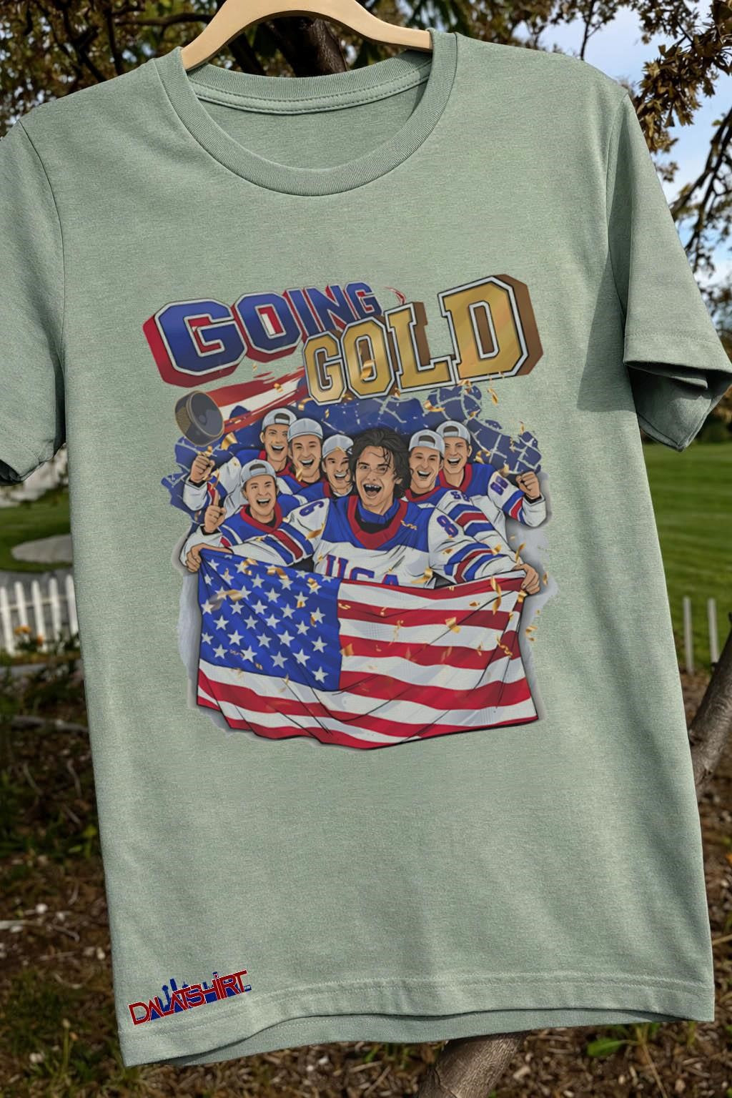 Going Gold USA hockey team celebration with flag shirt