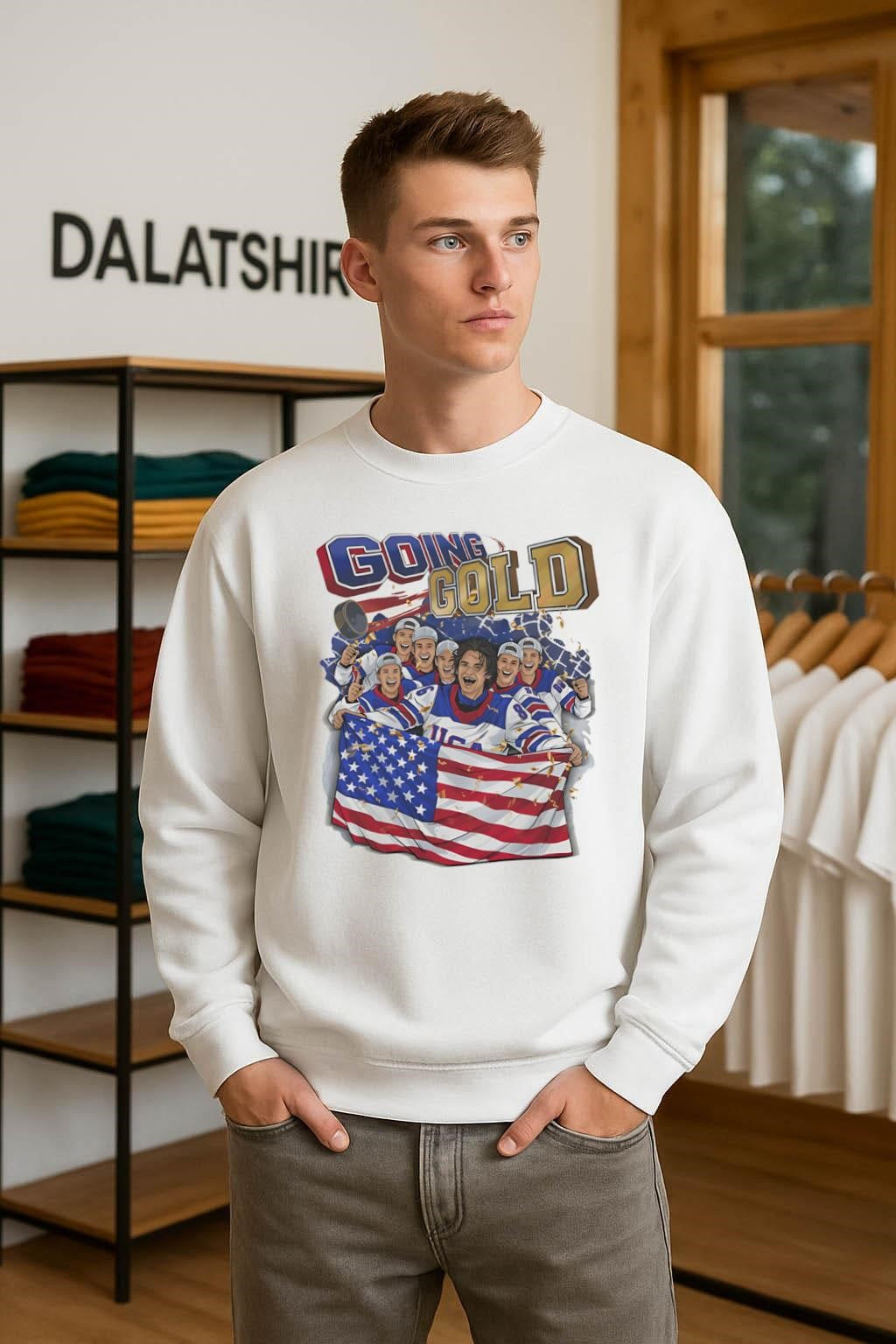 Going Gold USA hockey team celebration with flag shirt