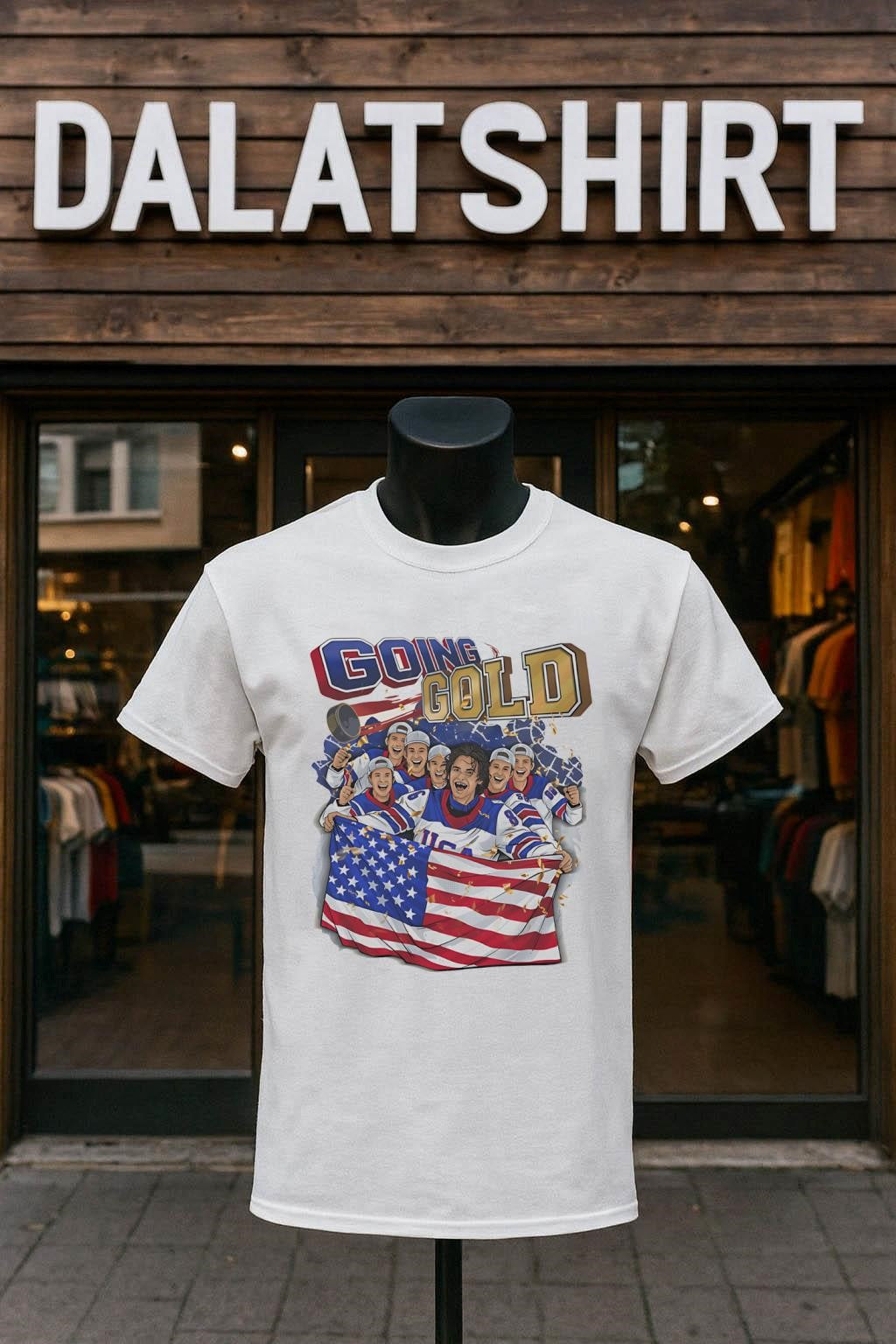 Going Gold USA hockey team celebration with flag shirt