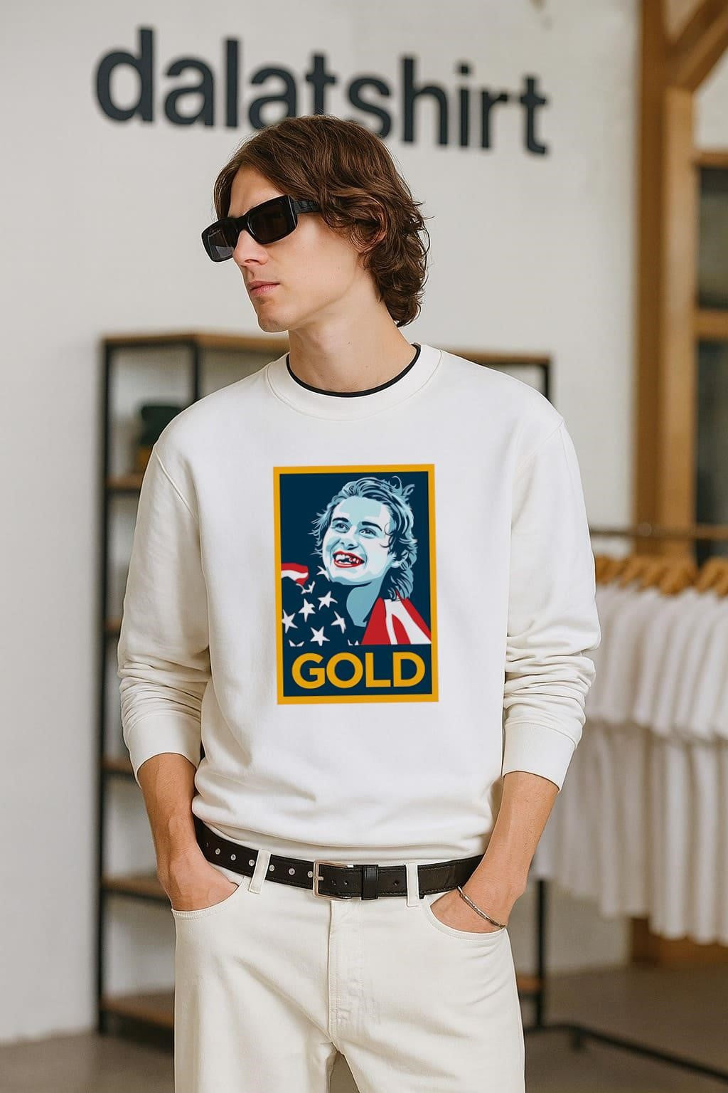 Gold Olympic Swimmer USA Flag Patriot Shepard Fairey shirt