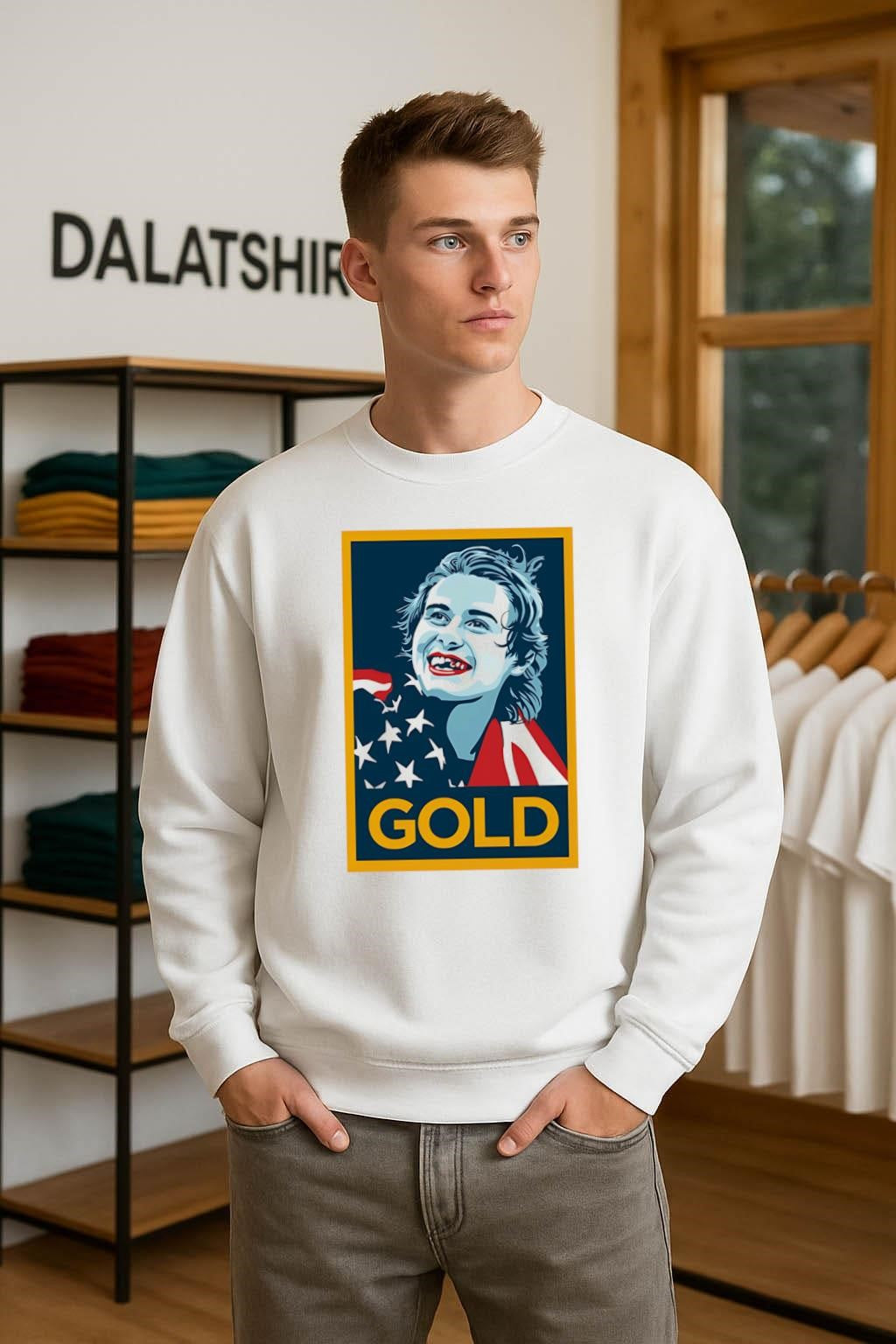 Gold Olympic Swimmer USA Flag Patriot Shepard Fairey shirt