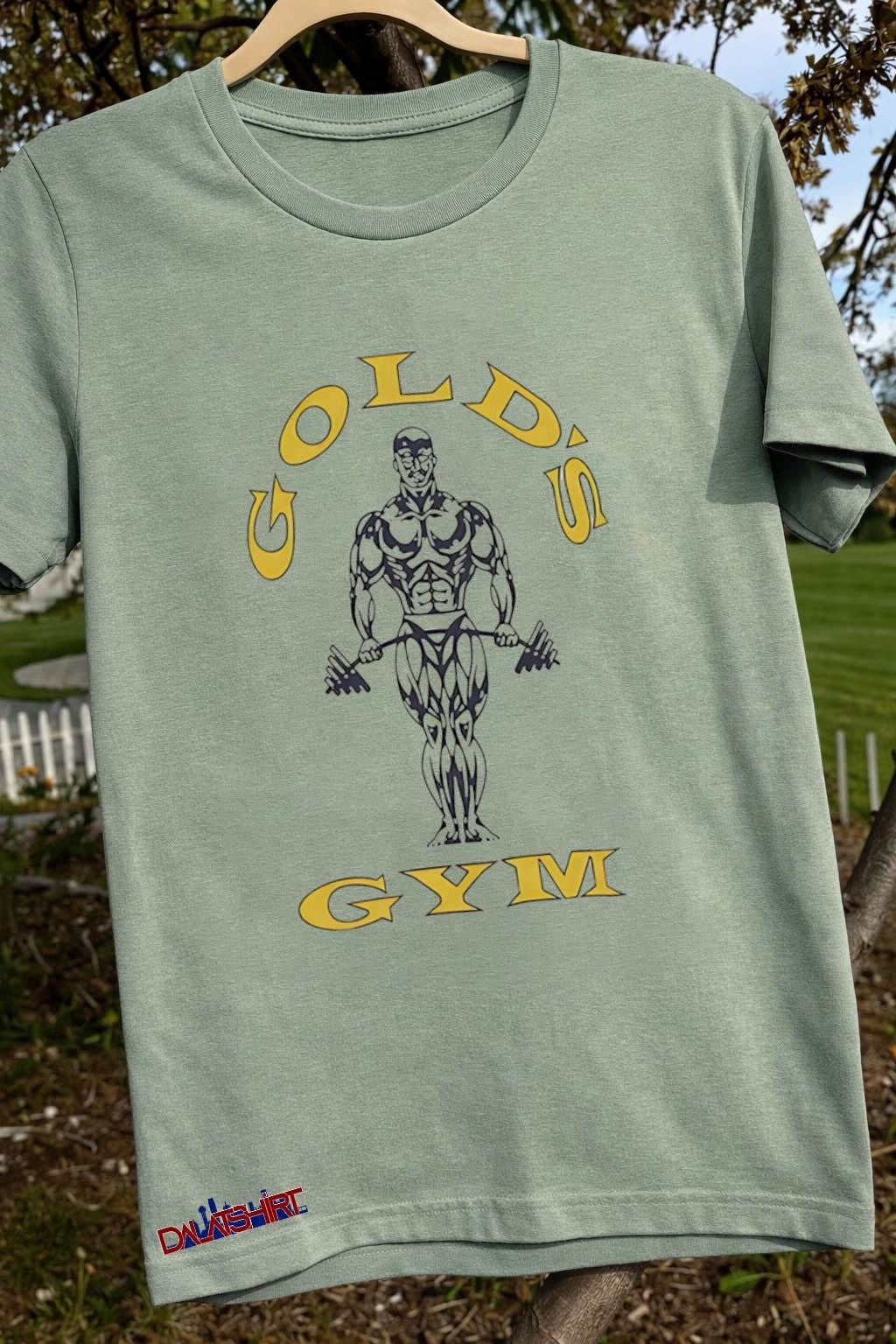 Gold’s Gym bodybuilding man holding heavy barbell weights shirt
