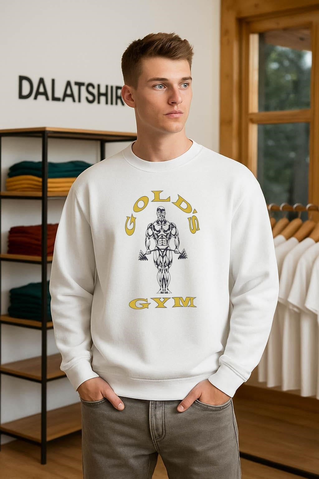Gold’s Gym bodybuilding man holding heavy barbell weights shirt