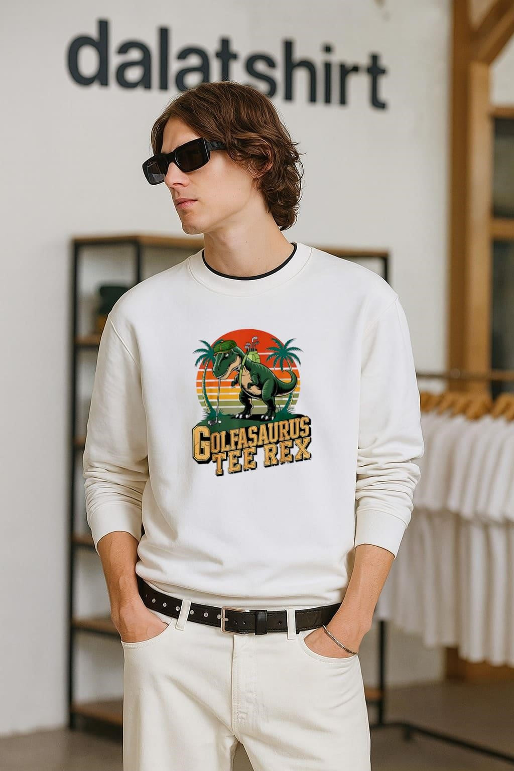 Golfasaurus Tee Rex T-Rex Dinosaur Playing Golf Retro Sunset shirt