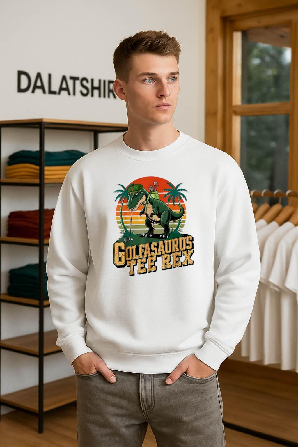 Golfasaurus Tee Rex T-Rex Dinosaur Playing Golf Retro Sunset shirt