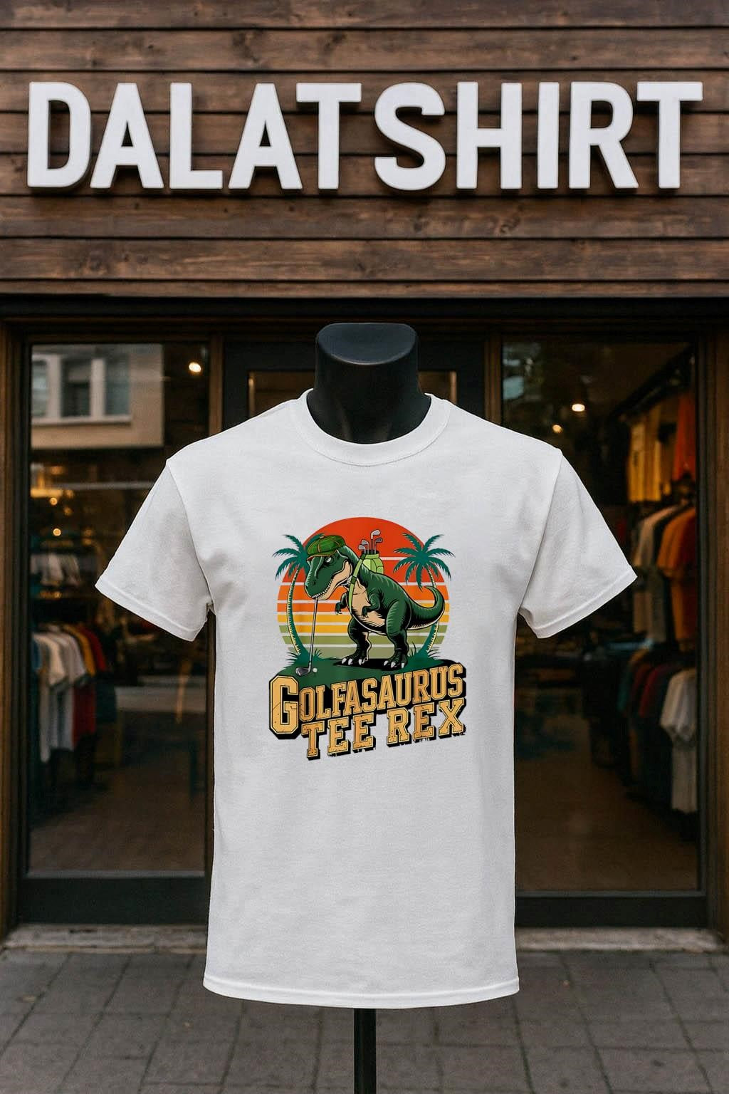 Golfasaurus Tee Rex T-Rex Dinosaur Playing Golf Retro Sunset shirt