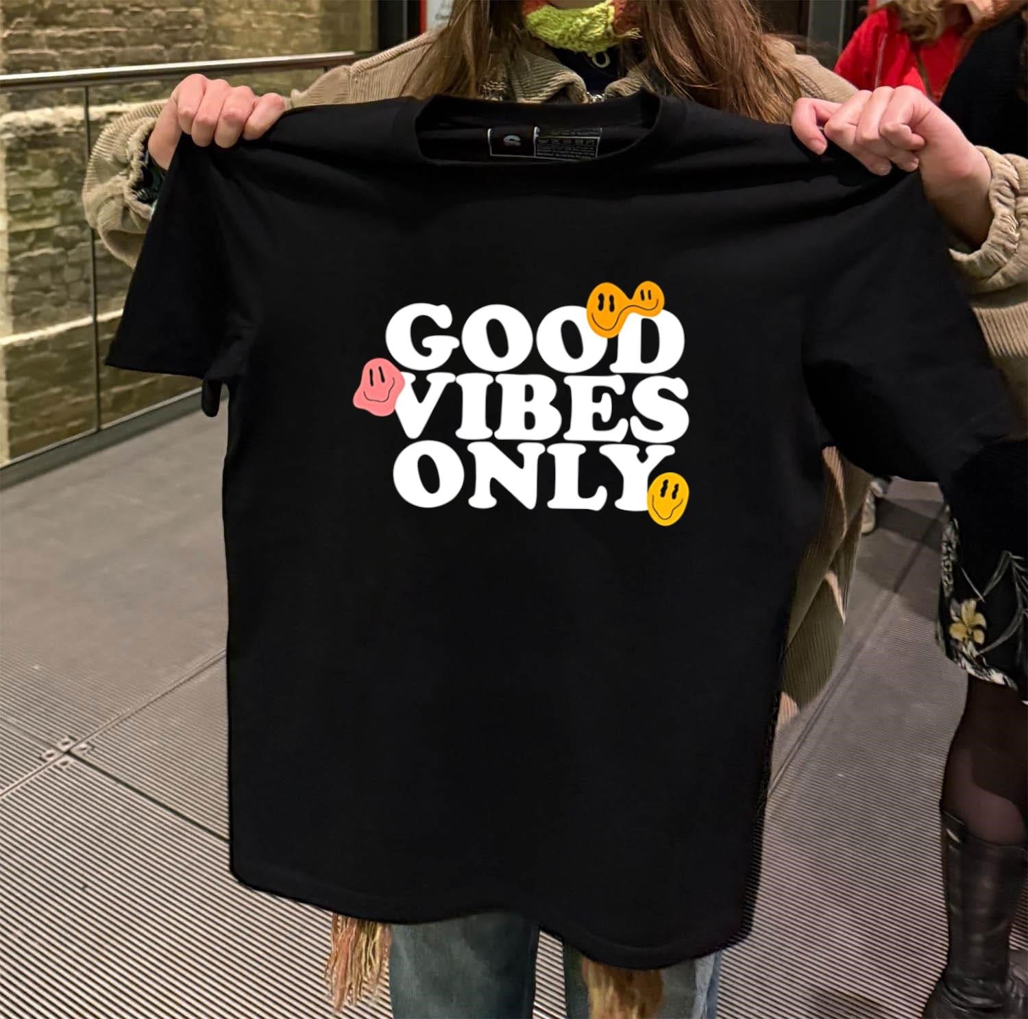 Good Vibes Only smiling face emoji shirt