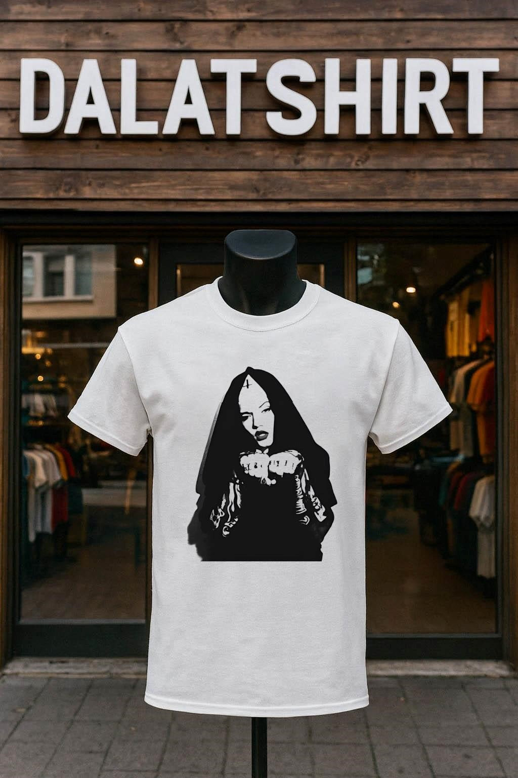 Gothic Nun Portrait with Cross Symbol Graphic shirt