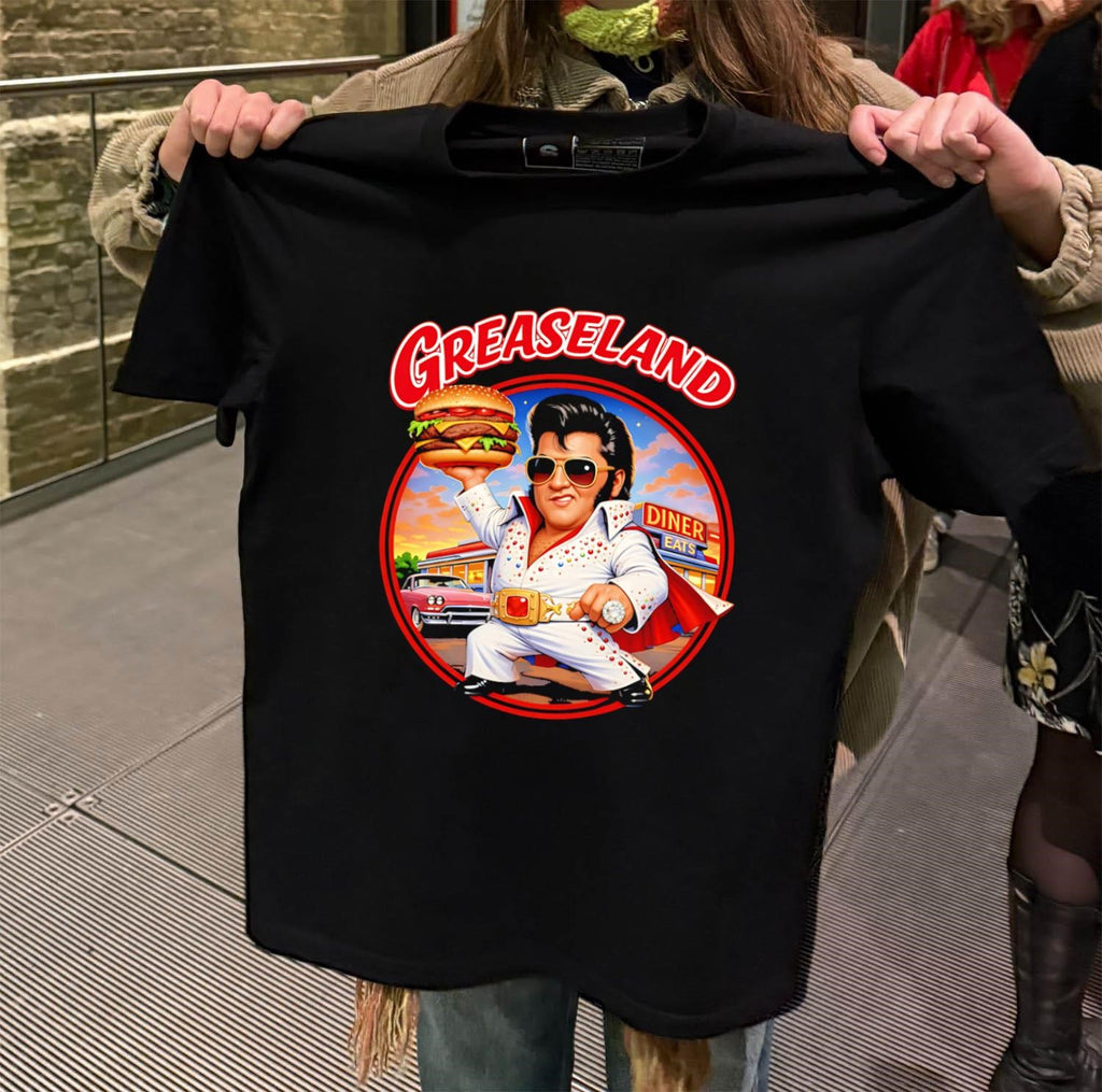 Greaseland Elvis Holding Burger Diner Eats Vintage Car shirt