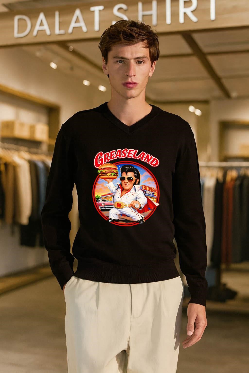 Greaseland Elvis Holding Burger Diner Eats Vintage Car shirt