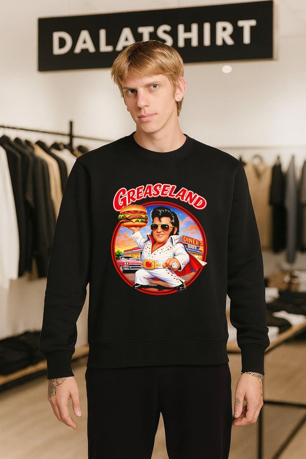 Greaseland Elvis Holding Burger Diner Eats Vintage Car shirt