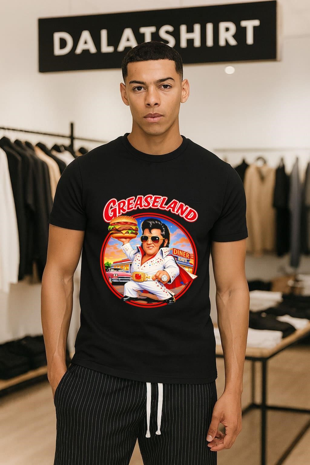Greaseland Elvis Holding Burger Diner Eats Vintage Car shirt