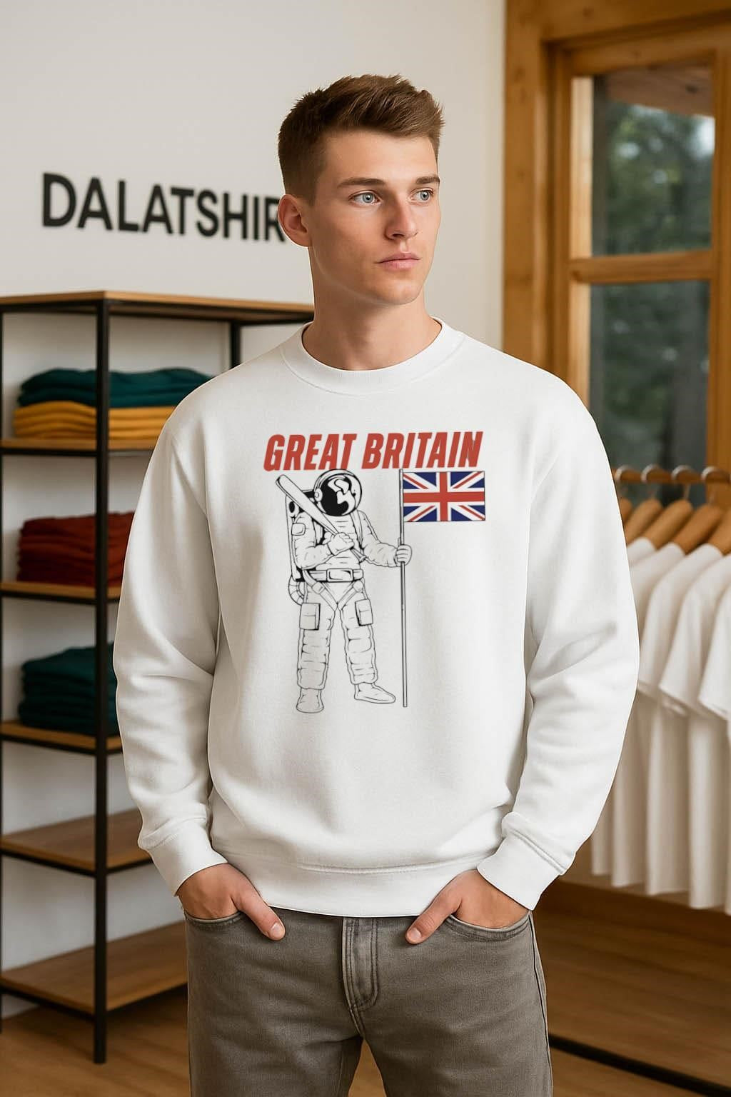 Great Britain Astronaut Holding Baseball Bat and Union Jack shirt