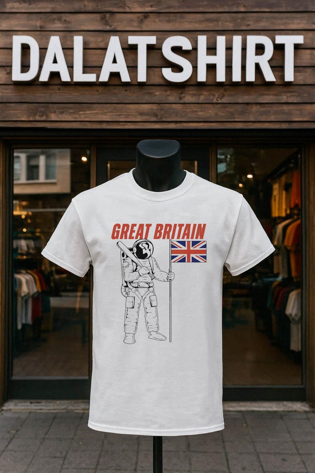 Great Britain Astronaut Holding Baseball Bat and Union Jack shirt