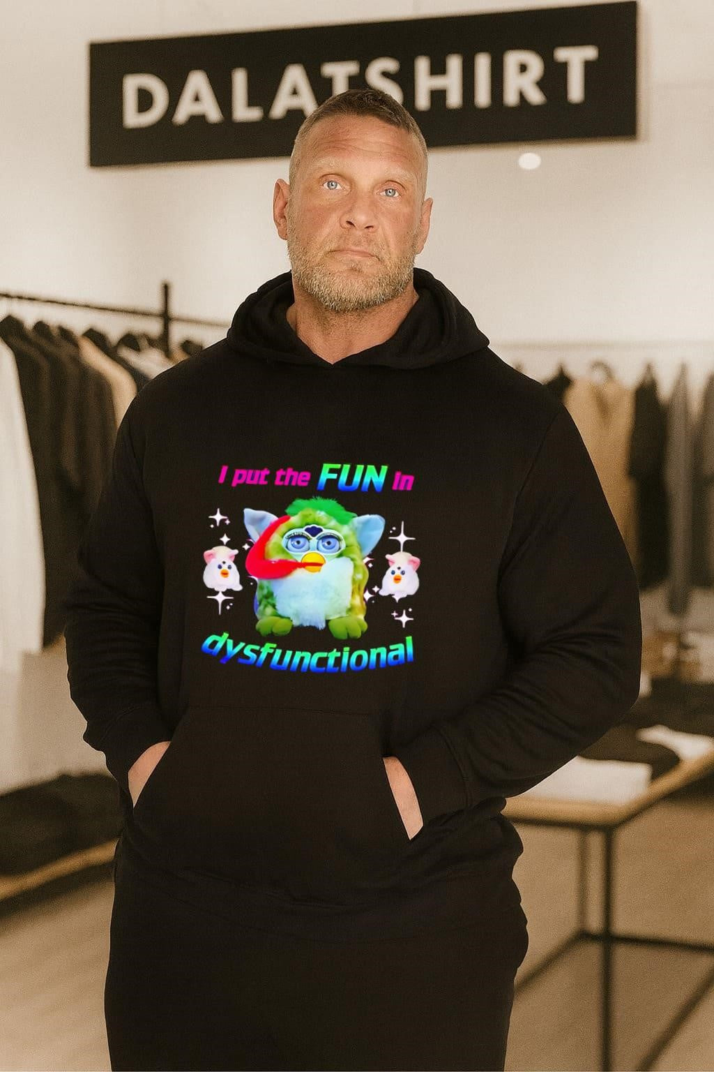 Green Furby I Put The Fun In Dysfunctional Rainbow shirt
