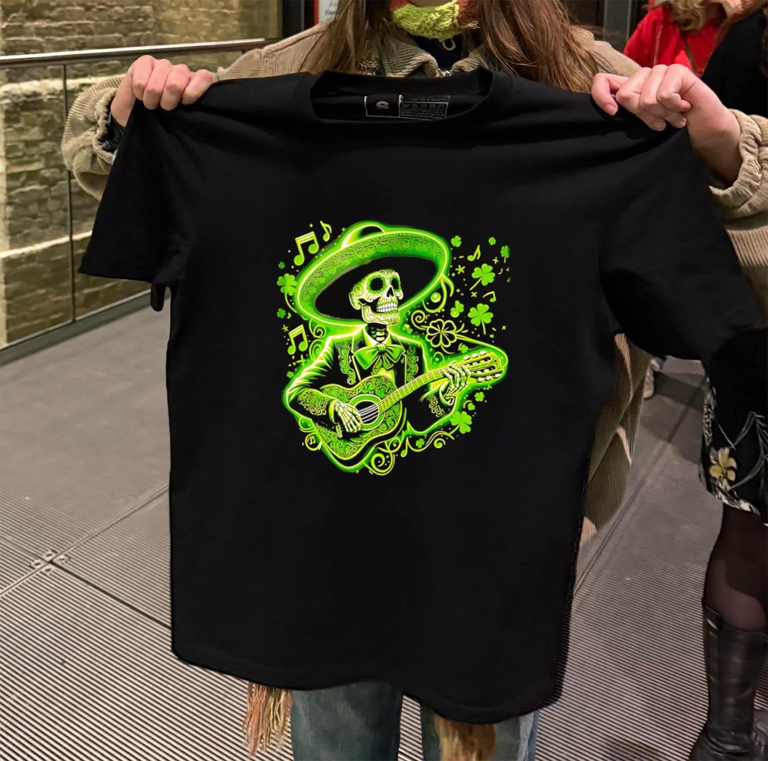 Green Skeleton Mariachi Playing Guitar St Patrick Day Clover shirt