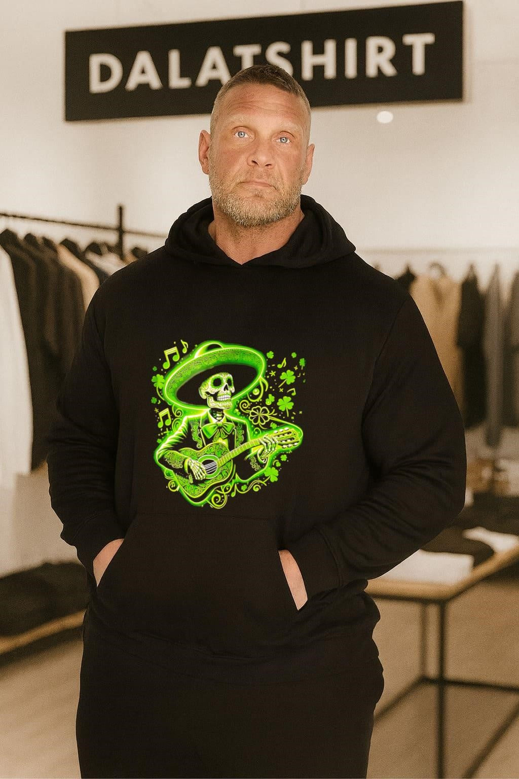 Green Skeleton Mariachi Playing Guitar St Patrick Day Clover shirt