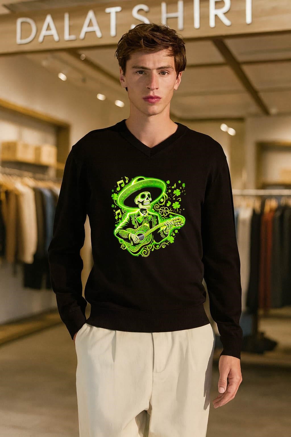 Green Skeleton Mariachi Playing Guitar St Patrick Day Clover shirt
