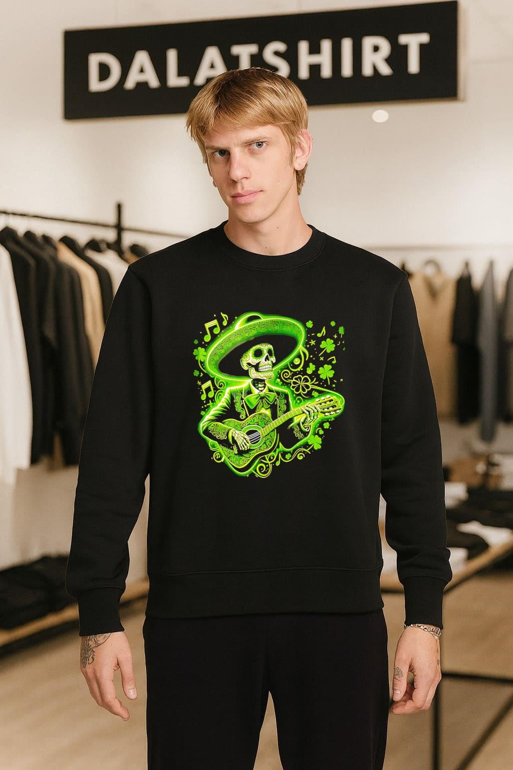 Green Skeleton Mariachi Playing Guitar St Patrick Day Clover shirt