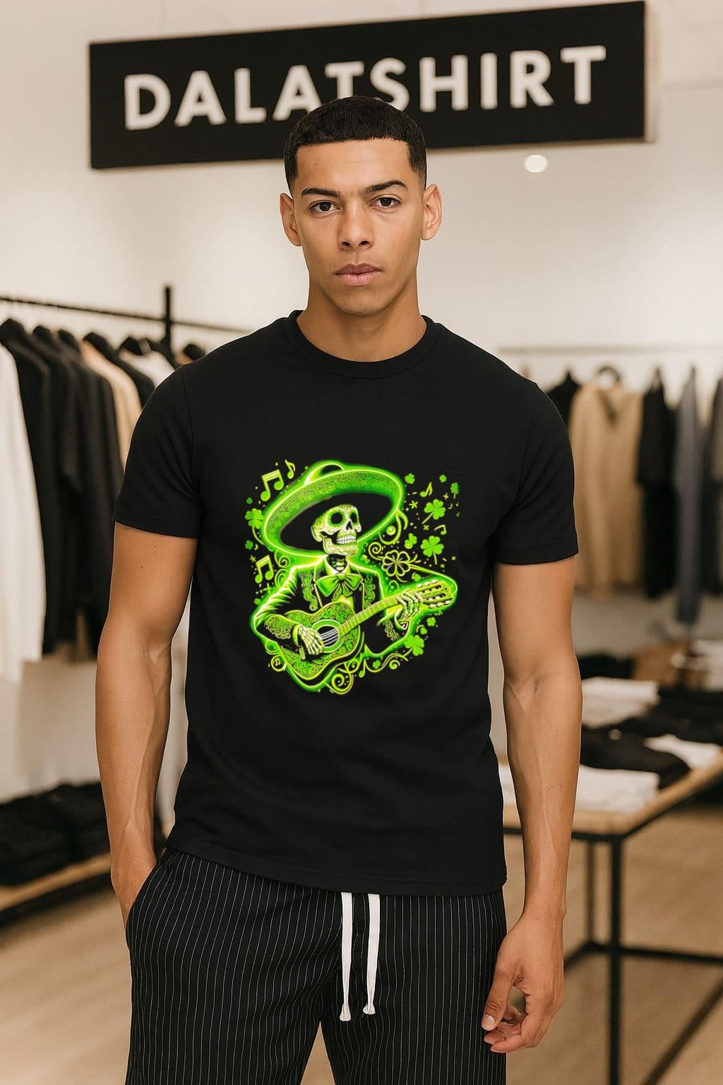Green Skeleton Mariachi Playing Guitar St Patrick Day Clover shirt