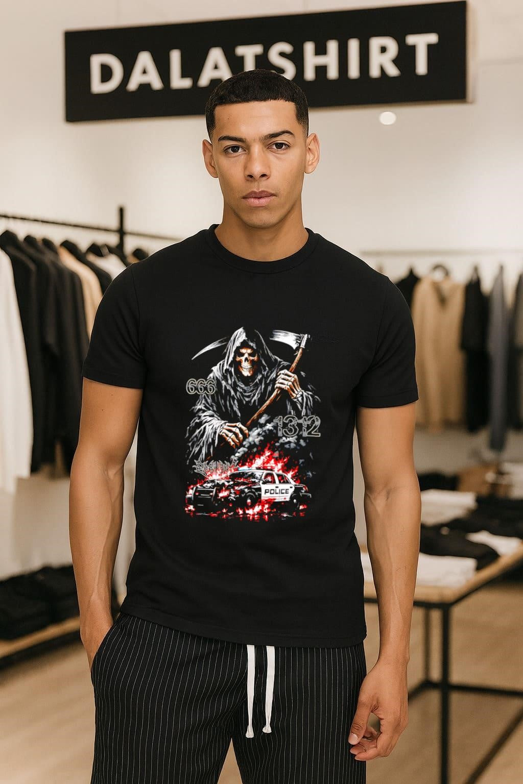 Grim Reaper Scythe 666 1312 Burning Police Car shirt