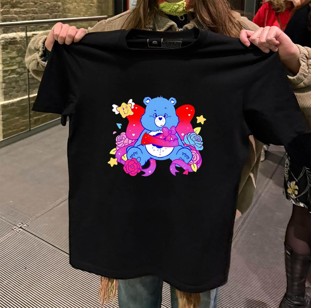 Grumpy Blue Care Bear With Pink Bow and Roses shirt