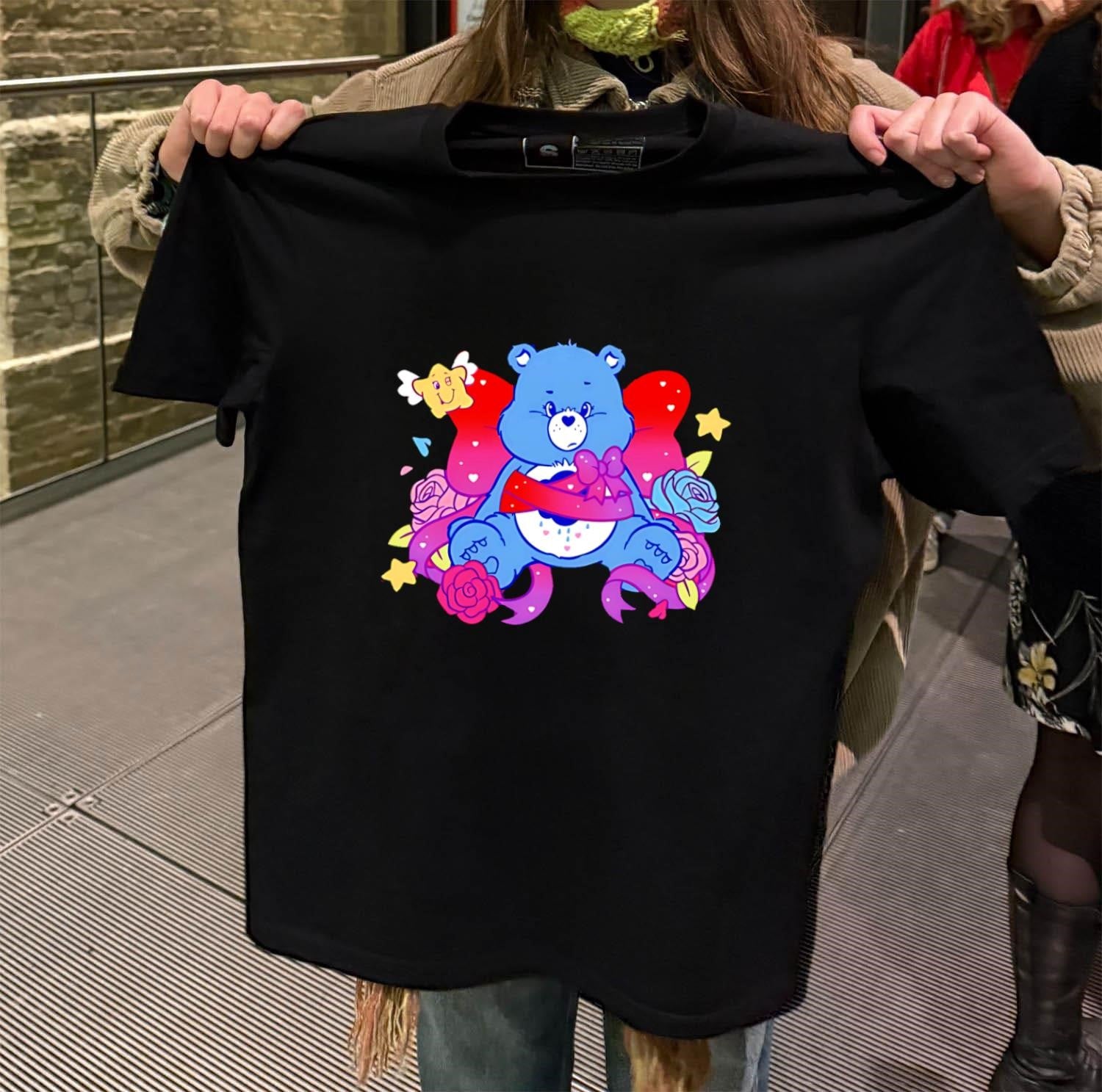 Grumpy Blue Care Bear With Pink Bow and Roses shirt