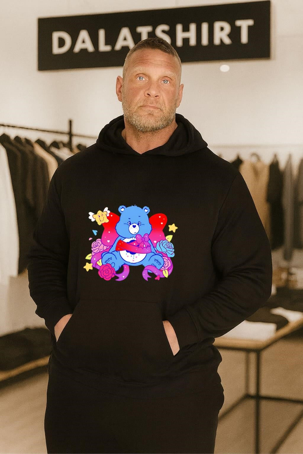 Grumpy Blue Care Bear With Pink Bow and Roses shirt