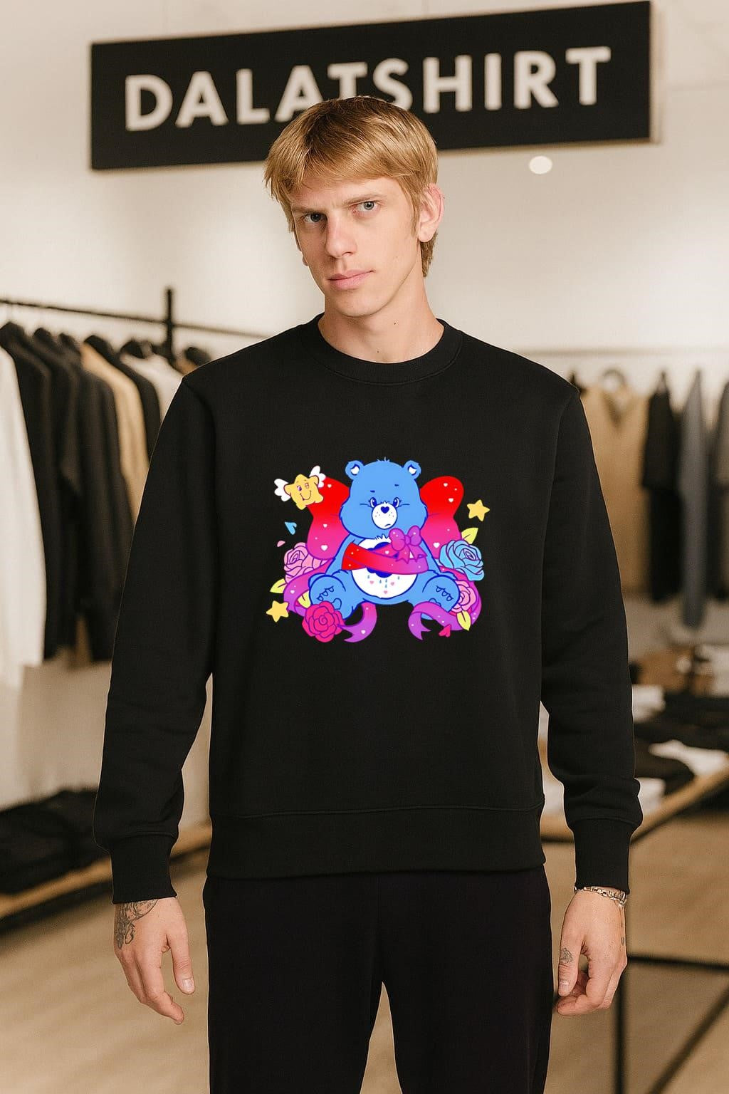 Grumpy Blue Care Bear With Pink Bow and Roses shirt