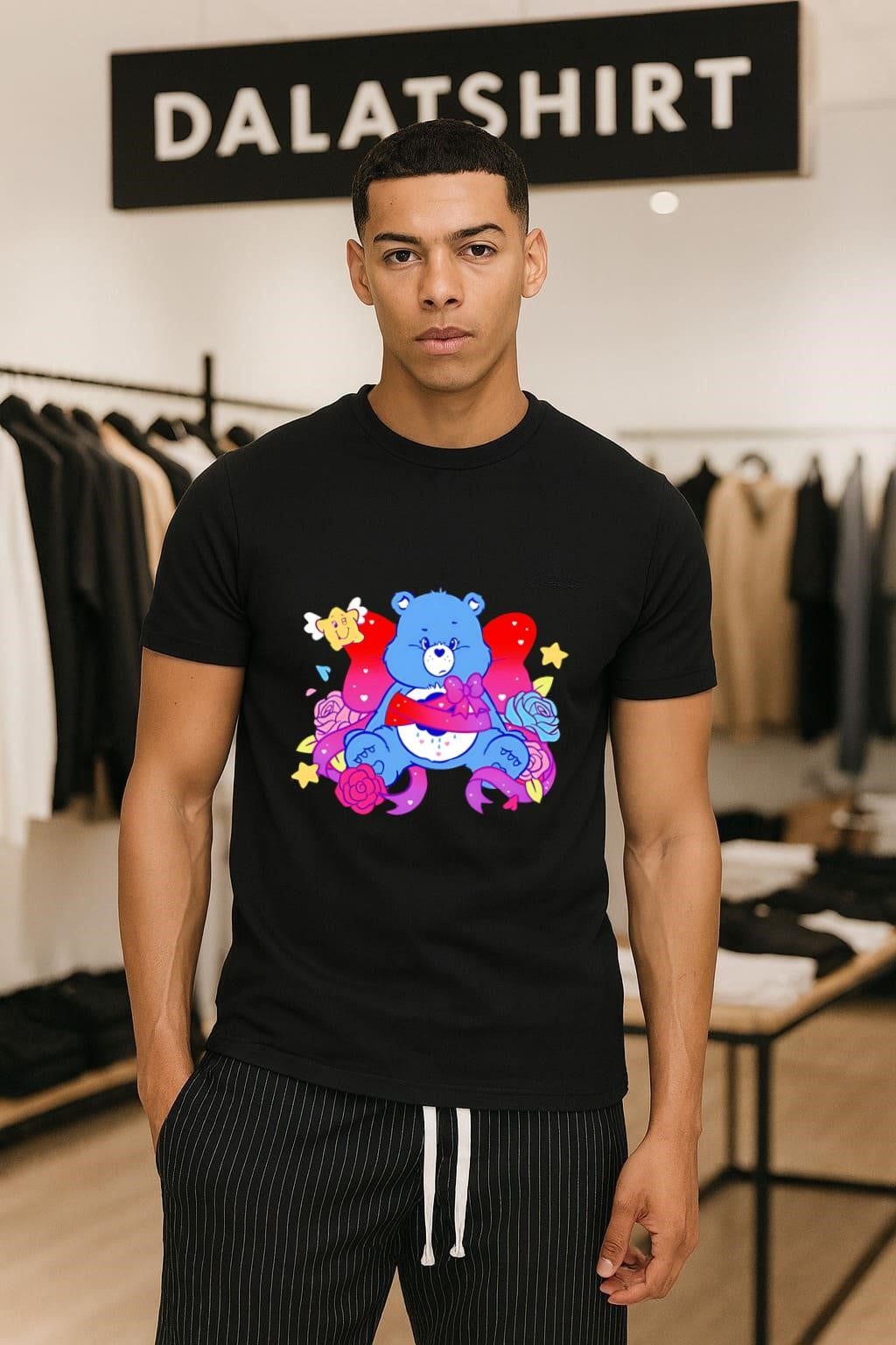 Grumpy Blue Care Bear With Pink Bow and Roses shirt