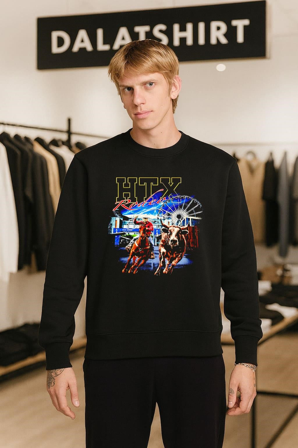 HTX Rodeo Cowboy Roping Bull and Ferris Wheel Graphic shirt