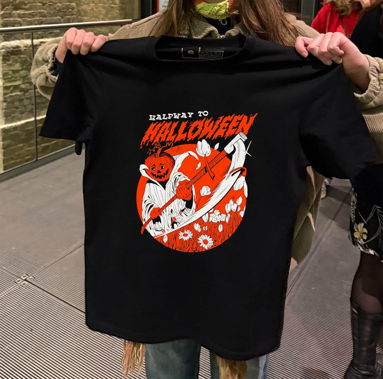 Halfway To Halloween Pumpkin Head Reaper Scythe Flowers shirt