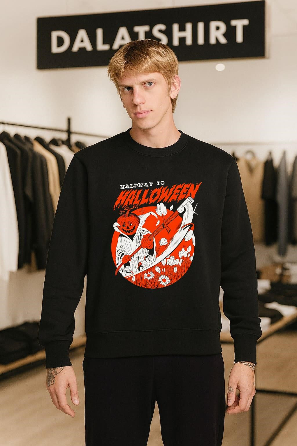 Halfway To Halloween Pumpkin Head Reaper Scythe Flowers shirt